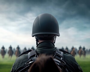 A man in a helmet stands in front of a group of horses