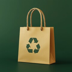 Biodegradable Shopping Bag Mockup Made from Recycled Paper, Twisted Handles, Placed on a Rich Forest Green Background, Subtle Lighting
