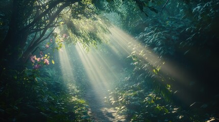 Obraz premium A serene forest path illuminated by sun rays, surrounded by lush greenery and flowers.