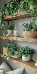 Indoor plant arrangement on wooden shelves modern living room home cozy atmosphere