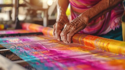Obraz premium Master Weaver's Hands Crafting Vibrant Fabric on Loom