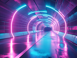 high-tech urban tunnel with vibrant neon accents, detailed reflections on wet floors, and modern structural elements