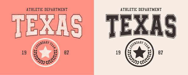 Texas, Athletic Department, Legendary Team retro college varsity typographic vector graphic.