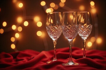 three crystal wine glasses on red velvet tablecloth bokeh lights