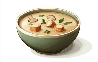 Bowl of creamy mushroom soup with croutons and fresh herbs isolated on a white background