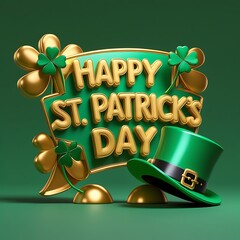 Happy St Patrick's Day banner with Realistic leprechaun hat, green clovers and gold lettering. 3D illustration of Happy St Patricks Day social media post template design