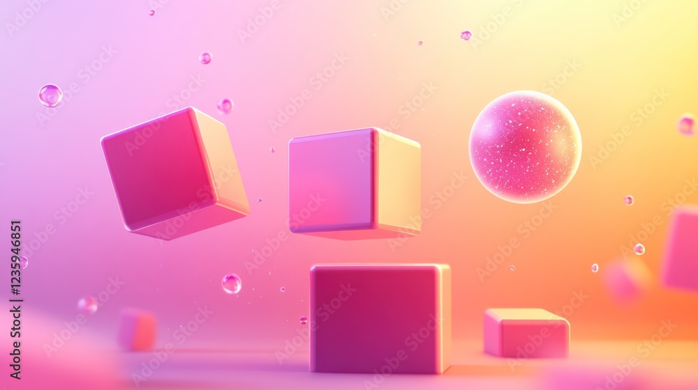 Poster abstract 3d rendering of pink cubes and sphere floating in gradient background.