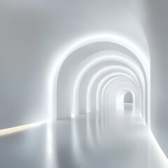 minimalist white tunnel with soft ambient lighting, smooth curved walls, and a clean, simple design
