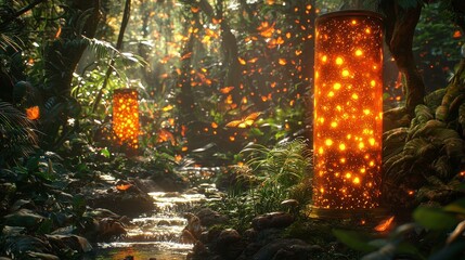 Magical forest stream, glowing lanterns, butterflies. Fantasy background for game design