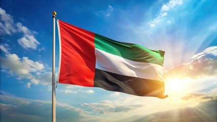 UAE flag waving gently in the wind on National Day with vibrant blue and green hues against a bright sunny sky , National Day, Patriotic Atmosphere