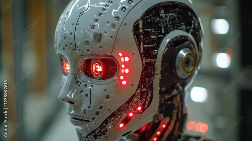 Poster close-up of a humanoid robot head with glowing red eyes and exposed internal circuitry.