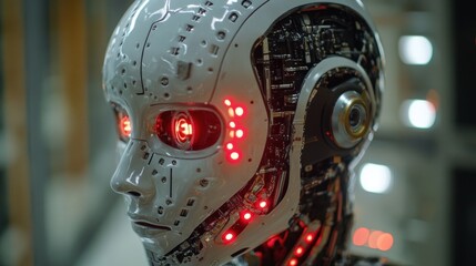Close-up of a humanoid robot head with glowing red eyes and exposed internal circuitry.