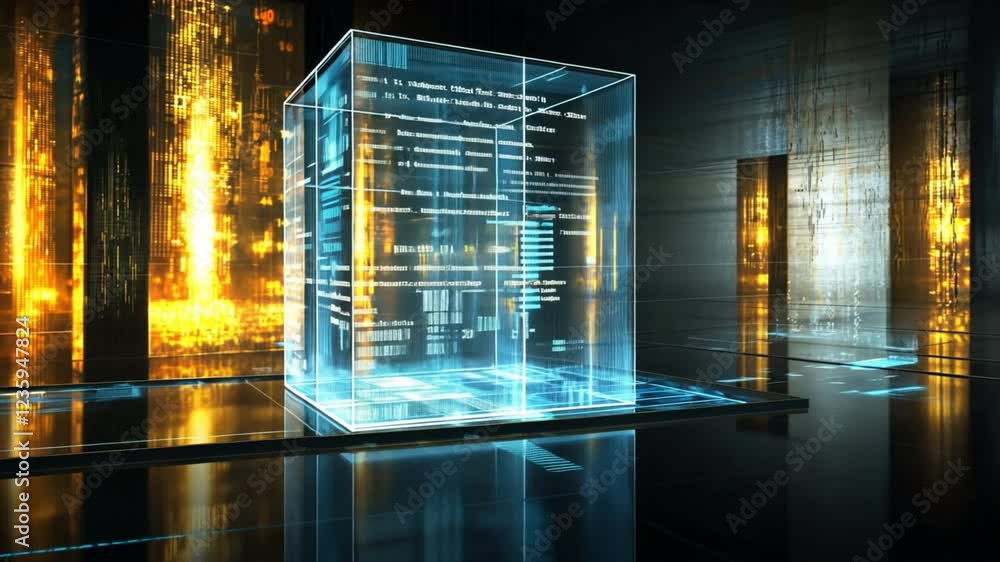 Poster futuristic digital cube illuminated by glowing lights high tech environment showcasing innovation an