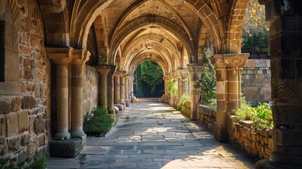 Obraz premium Serene Pathway Through Historic Archways in Stone Architecture