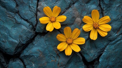 Three vibrant yellow flowers delicately placed on a textured blue stone surface, creating a striking contrast and natural beauty.