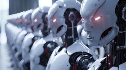 Futuristic Robot Army with Red Glowing Eyes in Assembly Line