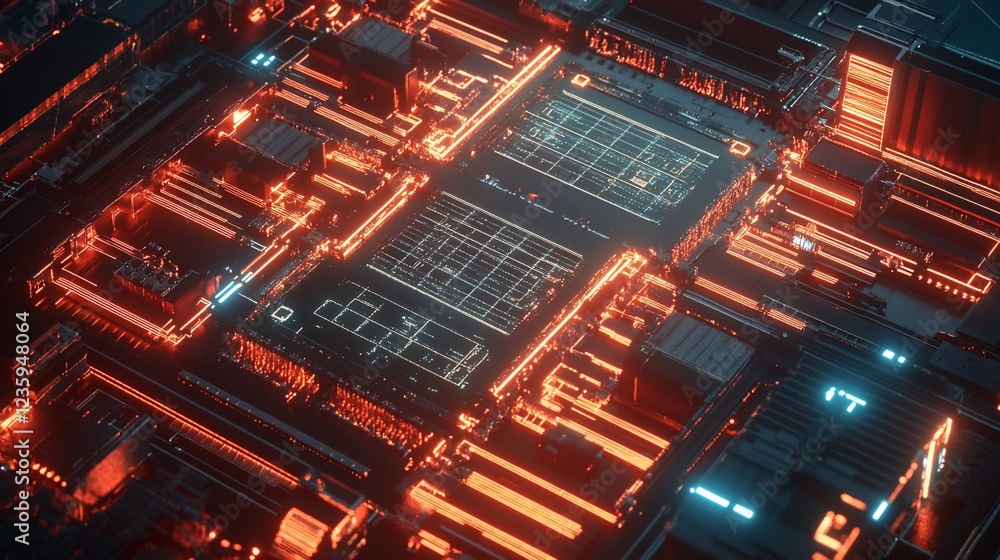 Poster close-up view of an illuminated electronic circuit board with geometric pattern