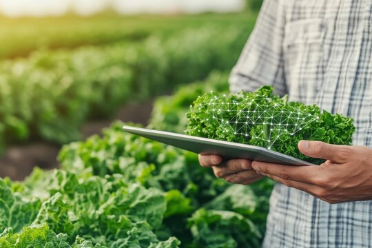 A farmer holds a digital tablet with fresh greens, representing modern agriculture and sustainable farming practices.