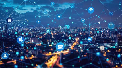 Obraz premium Futuristic Cityscape with Digital Connectivity Icons and Networks