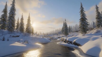 Serene Winter River Flows Through Snow Covered Forest