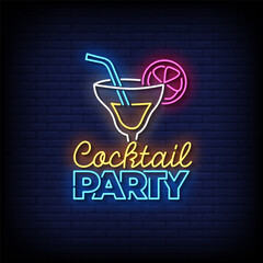 cocktail party neon sign with brick wall background vector