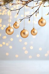 A white background with a bunch of gold ornaments hanging from a branch