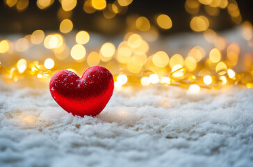 Obraz premium Symbolic Red Heart on White Snow with Dreamy Bokeh Lights for Valentine's Day, Generative AI