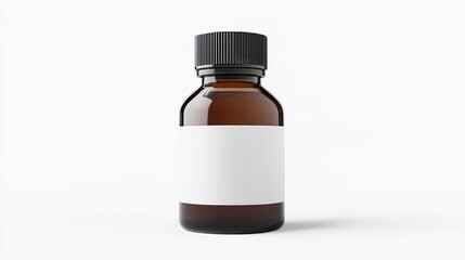A small amber glass bottle with a blank white label placed against a clean minimalist background.