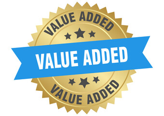 Obraz premium value added. value added round blue and gold label isolated on transparent background