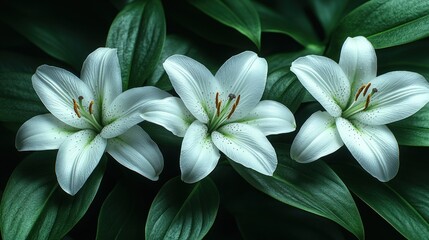 Fototapeta premium Three white lilies, dark leaves, garden, funeral sympathy