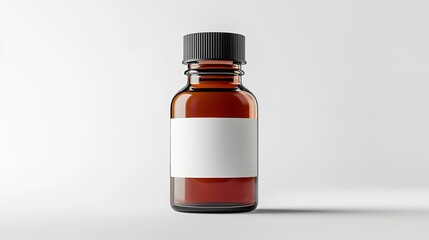 A small amber glass bottle with a blank white label placed against a clean minimalist background.