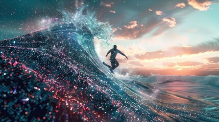 Fototapeta premium Surfer Riding a Digital Wave at Sunset