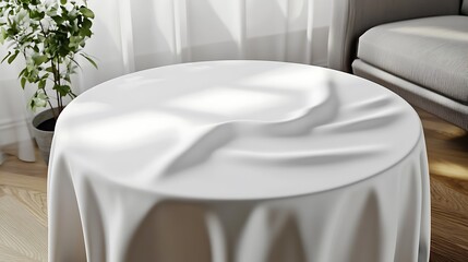 A smooth white tablecloth drapes over a round table, illuminated by soft natural light.