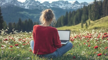 A young woman sits in a flower field working on her laptop with a mountain backdrop