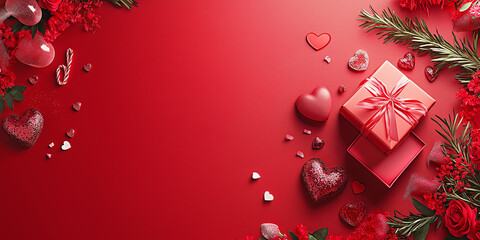 Flat Lay Valentine's Day Banner with Gift Box, Red Ribbon, and Confetti, Generative AI