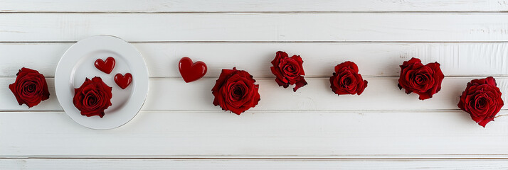 Top View Valentine's Day Table Setting with Roses and Elegant Dinnerware, Generative AI