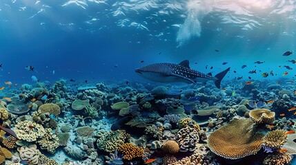 Fototapeta premium Awe - Inspiring Underwater Realm: The Panorama of a Gorgeous Coral Reef Teeming with Marine Life