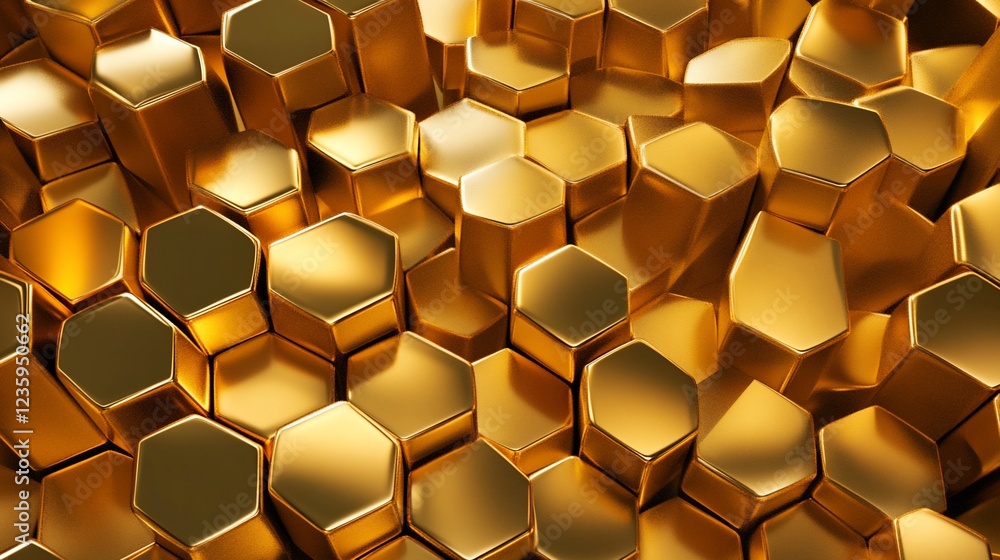 Poster golden hexagonal pattern, reflective 3d rendering geometric abstract background
