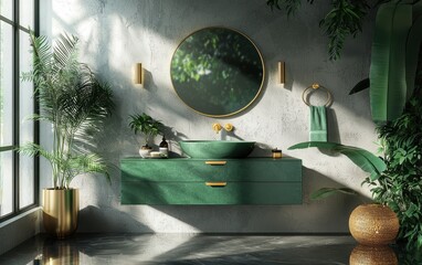 Chic Bathroom with an Emerald Green Floating Sink Cabinet, a Minimalist Round Mirror, and Gold Fixtures