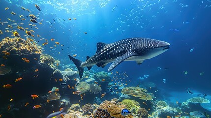 Fototapeta premium Awe - Inspiring Underwater Realm: The Panorama of a Gorgeous Coral Reef Teeming with Marine Life