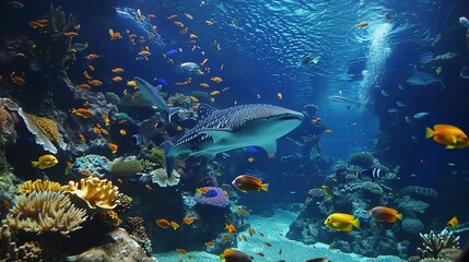 Fototapeta premium Awe - Inspiring Underwater Realm: The Panorama of a Gorgeous Coral Reef Teeming with Marine Life