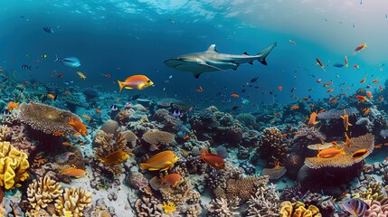 Awe - Inspiring Underwater Realm: The Panorama of a Gorgeous Coral Reef Teeming with Marine Life
