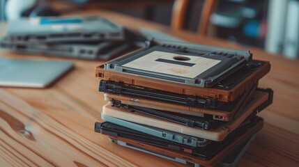 Stack of Vintage Floppy Disks on Wooden Desk