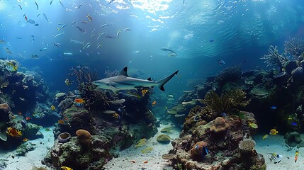 Fototapeta premium Awe - Inspiring Underwater Realm: The Panorama of a Gorgeous Coral Reef Teeming with Marine Life