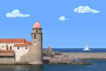 Pixel art seascape with old town, tower and sailboat