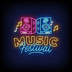 music festival neon sign with brick wall background vector