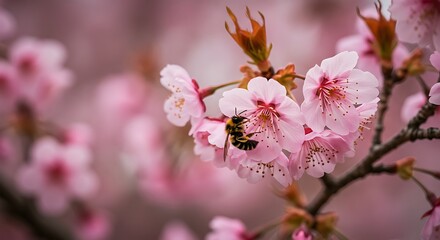 Bee on Pink Cherry Blossoms Spring Flower Photography