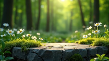 Floral Wedding Menu Mockup, Forest background wedding menu on stone daisies and moss serene setting photorealistic.