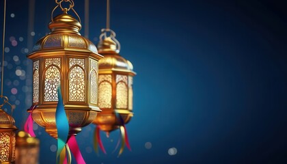 Obraz premium Elegant Golden Lanterns Hanging Festive Ramadan Decorations Islamic Culture Background