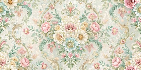 Delicate floral pattern with damask motifs and soft pastel colors, ornate, intricate, ornate,intricate